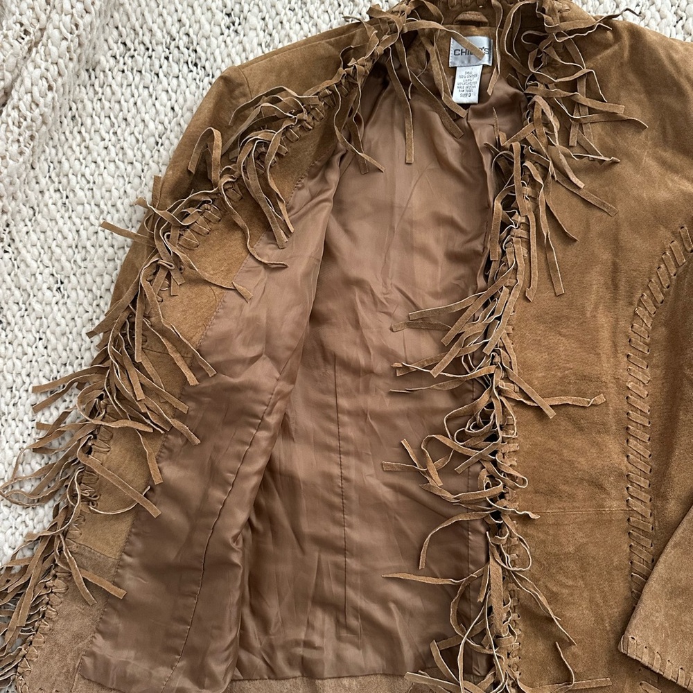 Chico’s 100% Leather Fringe Jacket Womens Size 0 Western/Boho Open Front - Picture 5 of 8